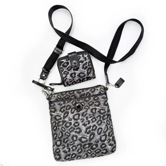 Coach Ocelot Leopard Print Crossbody Bag with Compact Wallet Black/Silver Fabric - Picture 1 of 17